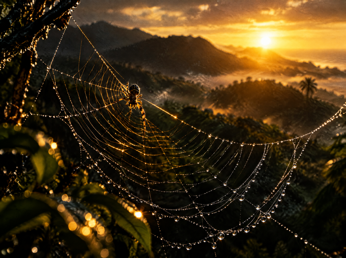 A spider spinning a web of gold and silver threads at sunrise over the Jamaican hills