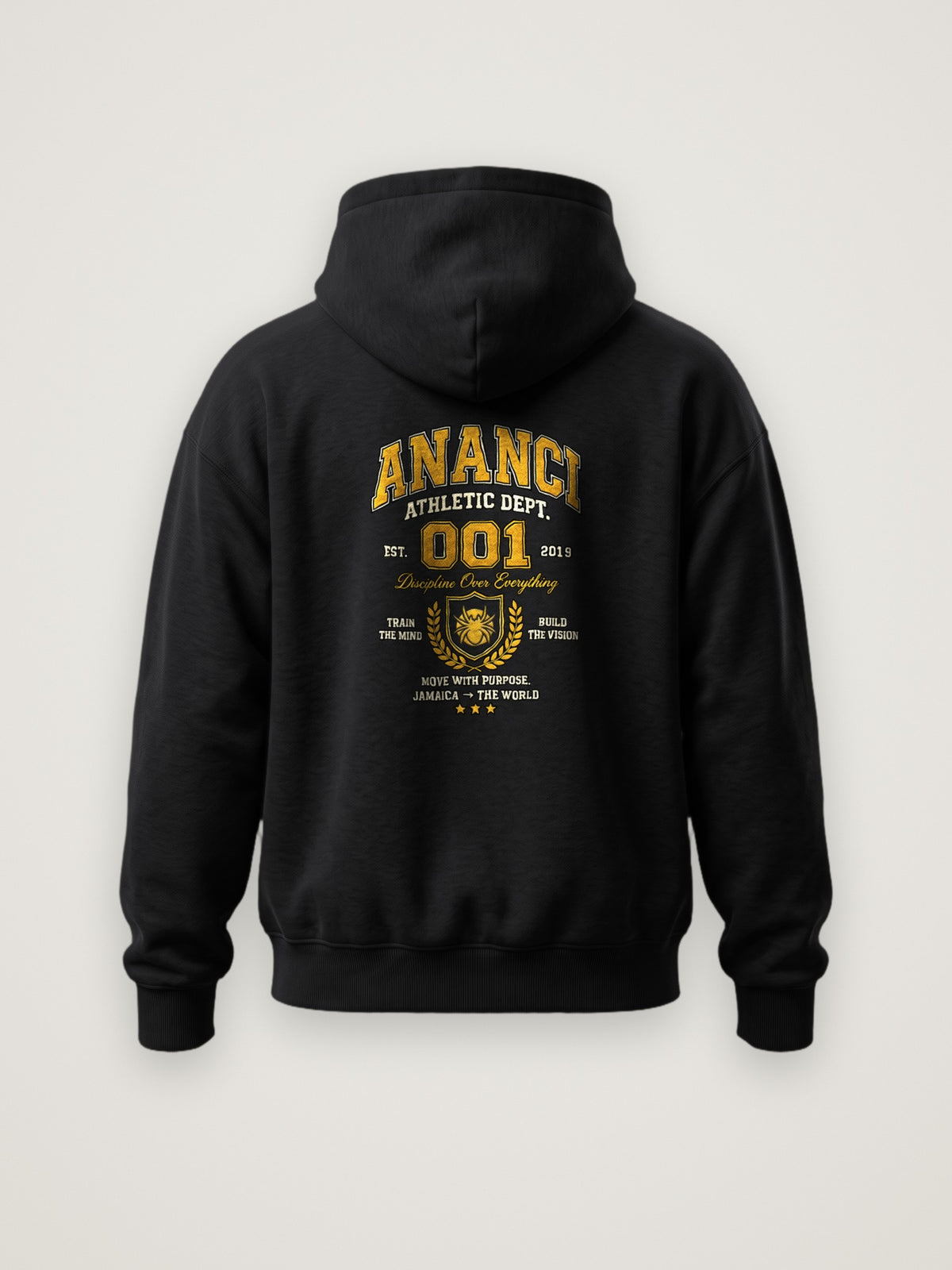 Back of the black ANANCI Athletics 001 Hoodie with the gold collegiate ANANCI Athletic Dept. 001 graphic with laurel spider crest and EST. 2019