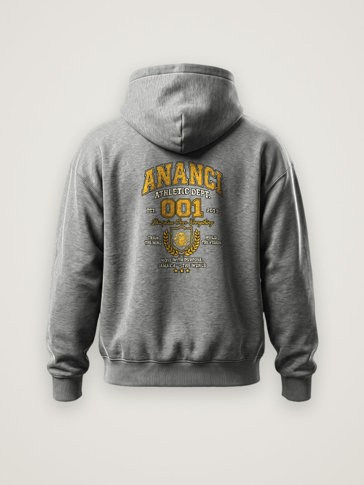 Back of the heather grey ANANCI Athletics 001 Hoodie with the gold collegiate ANANCI Athletic Dept. 001 graphic with laurel spider crest and EST. 2019
