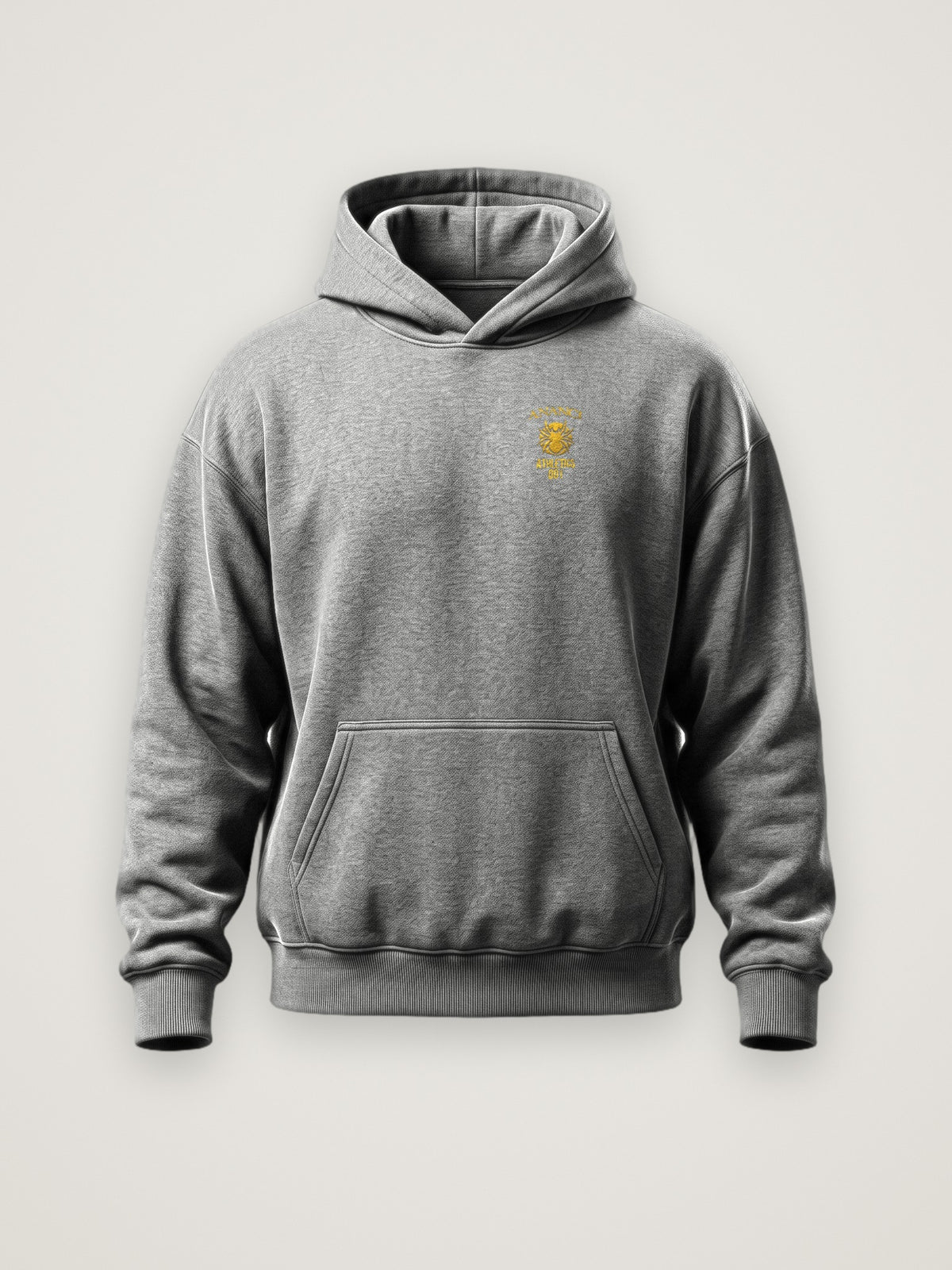 Front of the heather grey ANANCI Athletics 001 Hoodie with the gold ANANCI Athletics 001 crest at the left chest