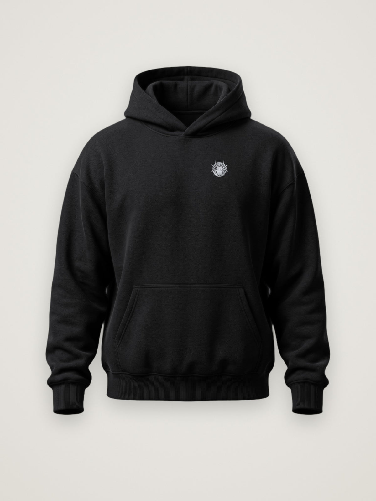 Front of the black ANANCI Shadow Series Hoodie with the small silver-tone spider logo at the left chest