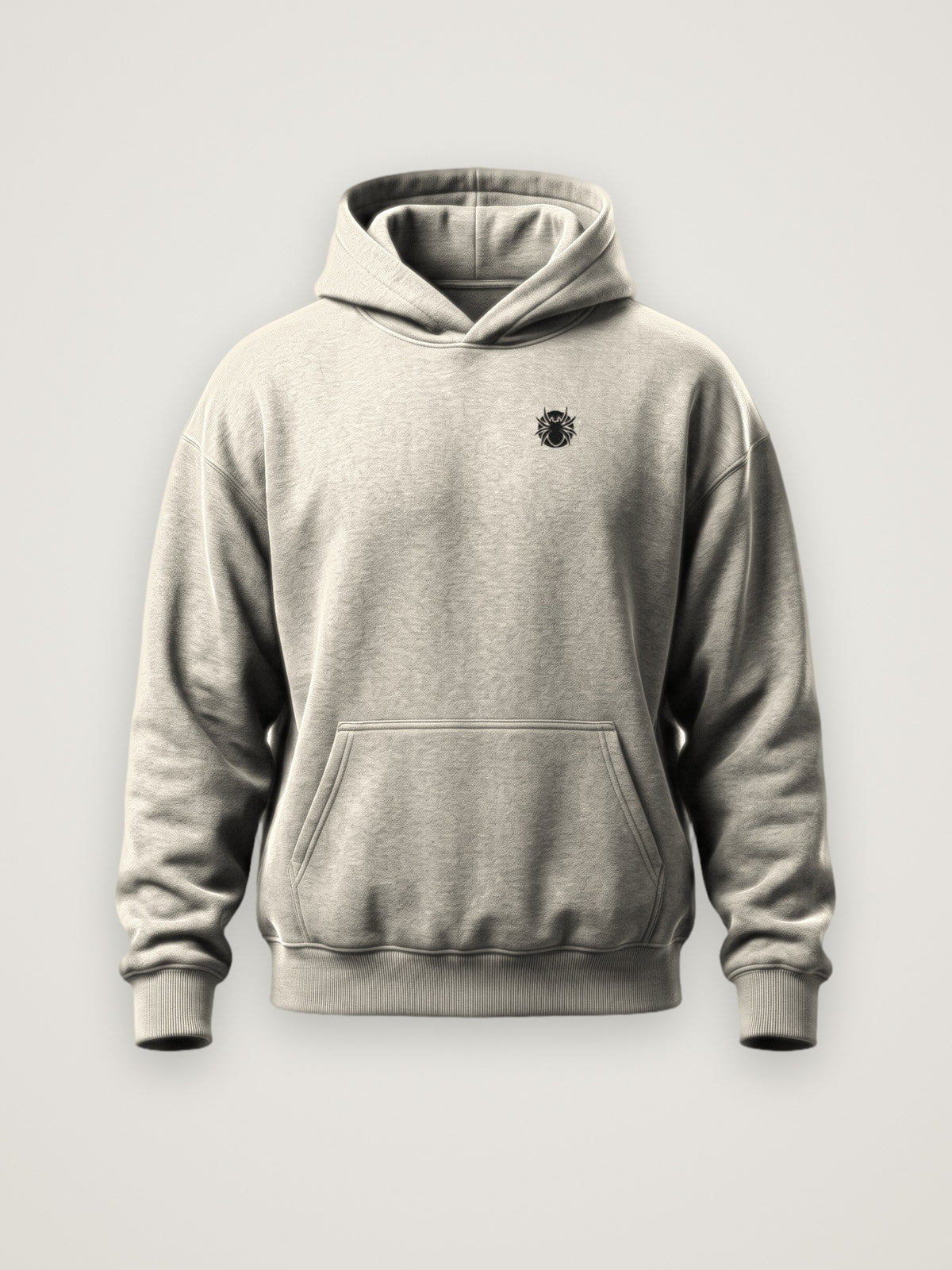 Front of the cream ANANCI Shadow Series Hoodie with the small black spider logo at the left chest