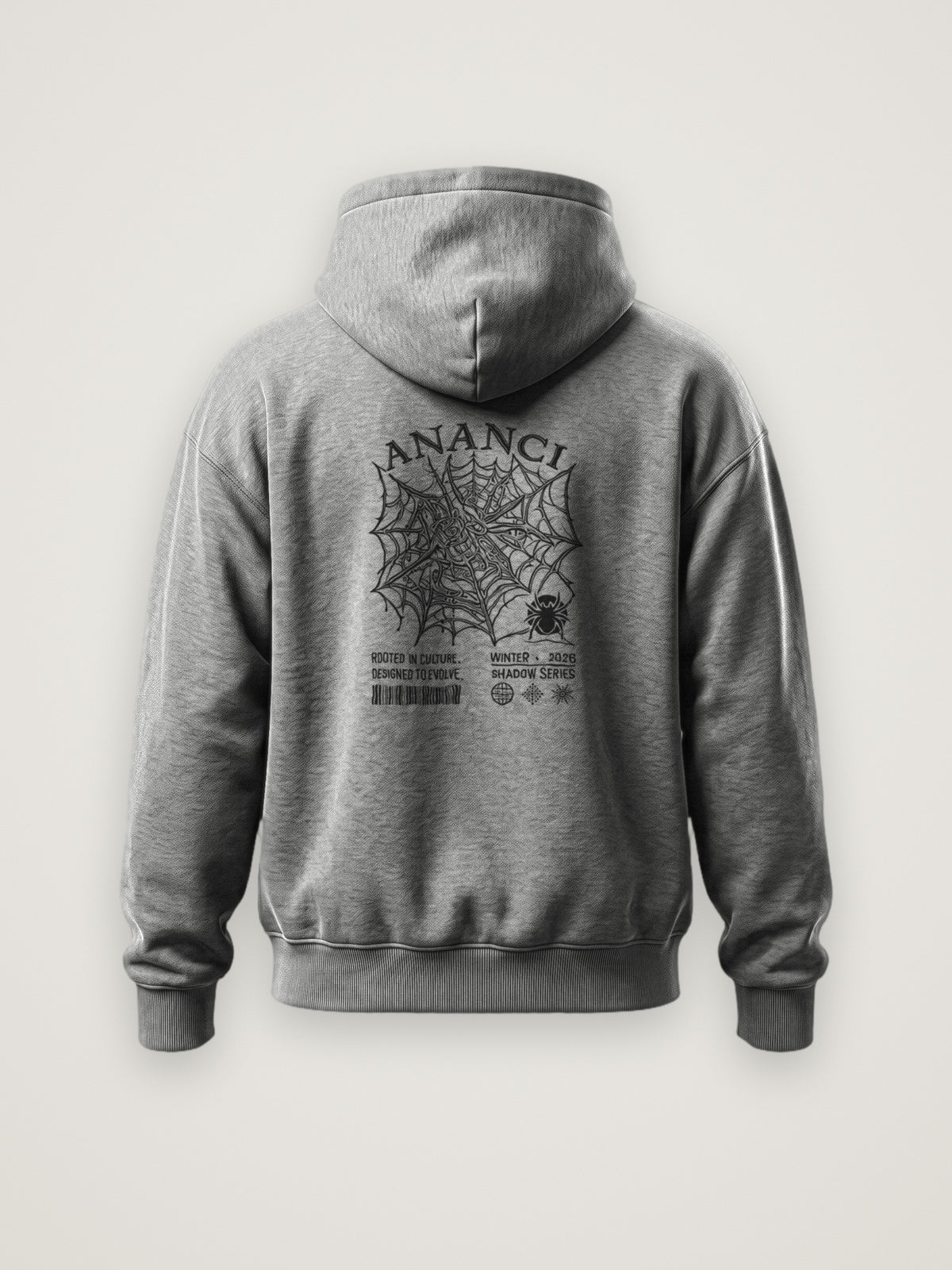 Back of the heather grey ANANCI Shadow Series Hoodie with the intricate spider web graphic in black ink under an arched ANANCI wordmark, Shadow Series