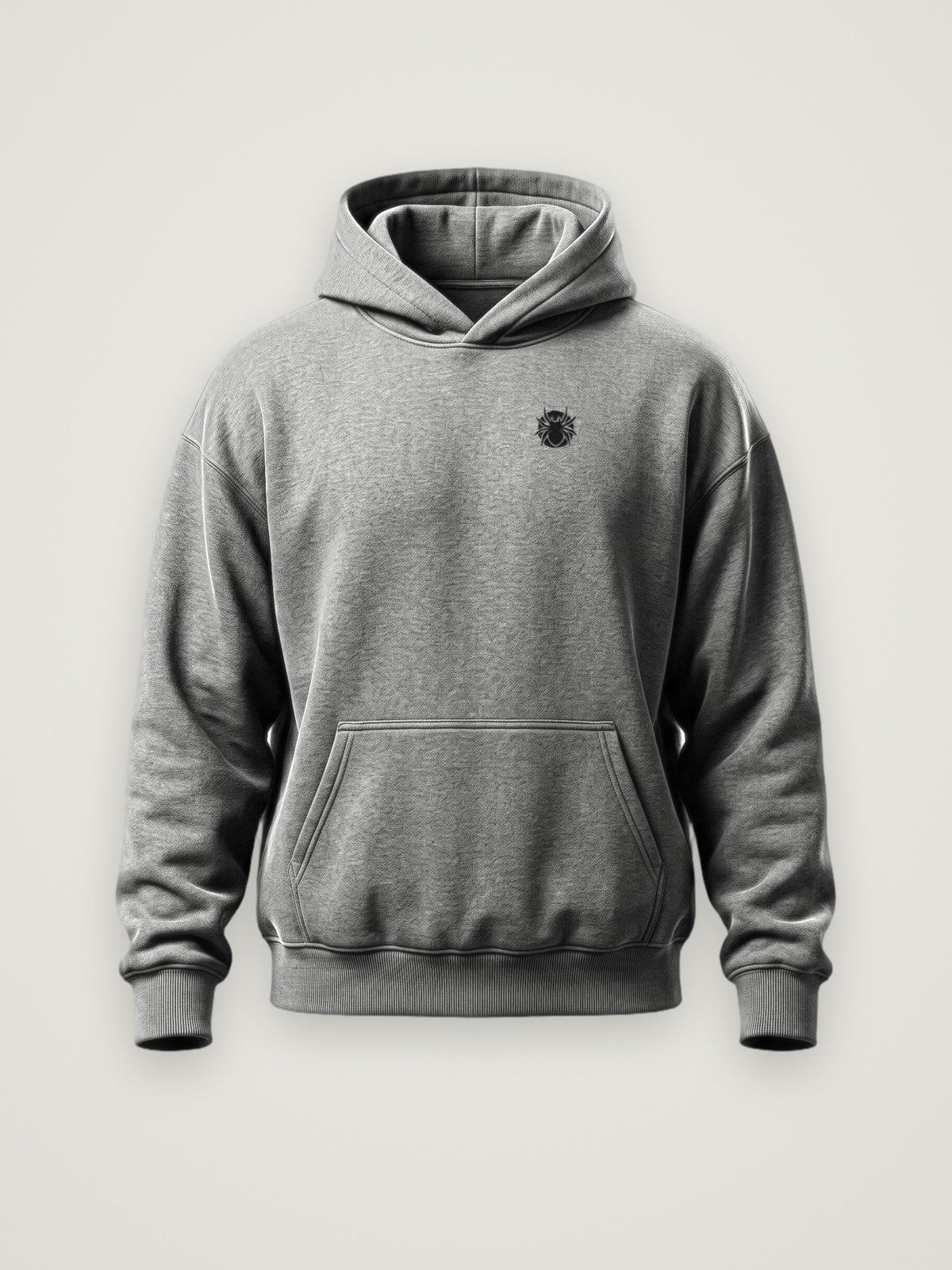 Front of the heather grey ANANCI Shadow Series Hoodie with the small black spider logo at the left chest
