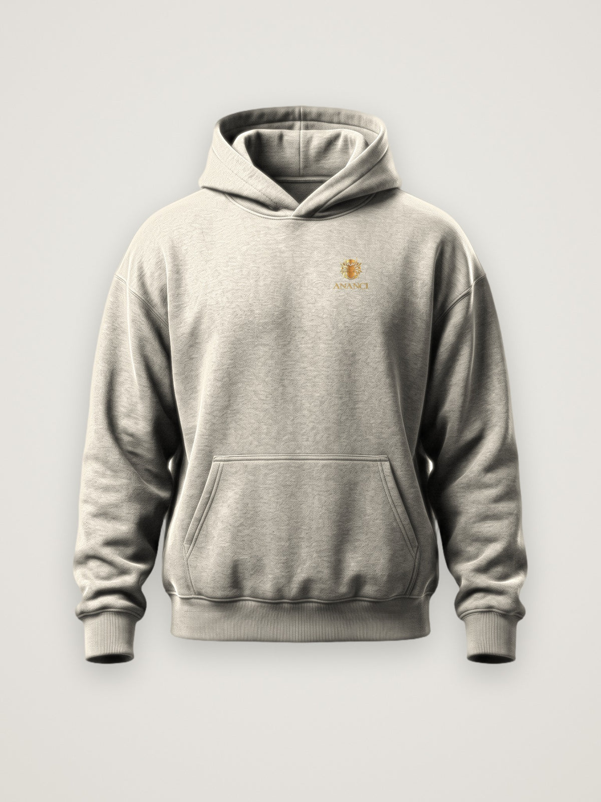 Front of the cream ANANCI The Storyteller Hoodie with the gold ANANCI spider crest and wordmark at the left chest