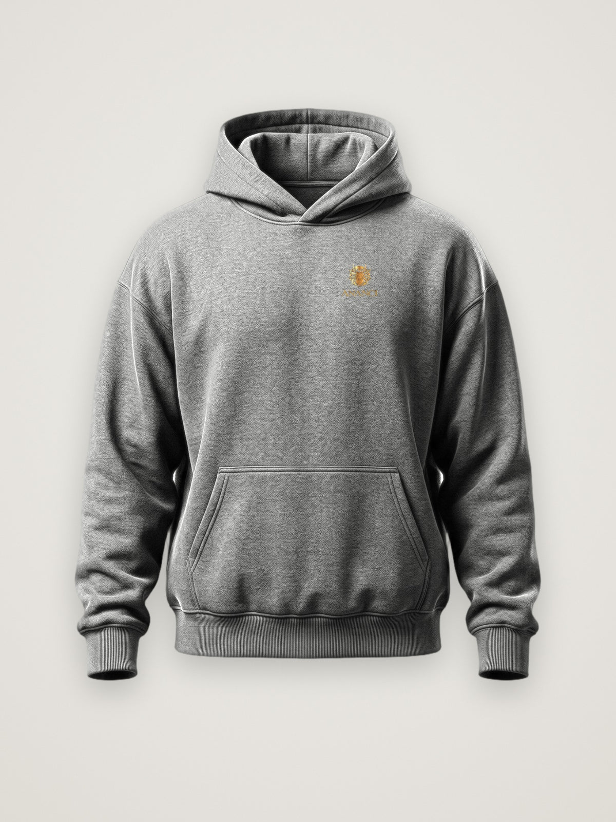 Front of the heather grey ANANCI The Storyteller Hoodie with the gold ANANCI spider crest and wordmark at the left chest