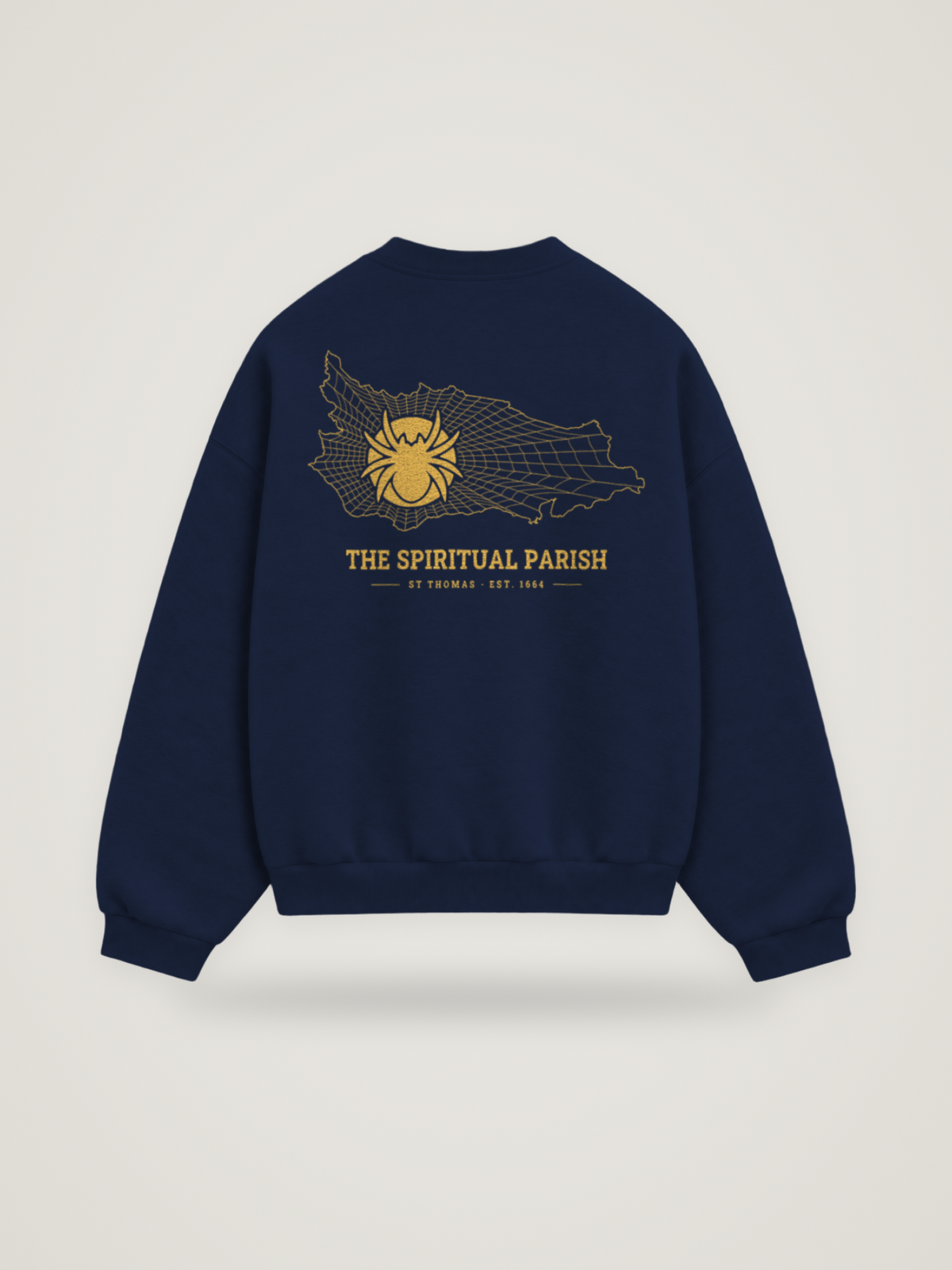 Back of the midnight ANANCI Where Yuh From? St Thomas crewneck with the St Thomas map, web and spider in gold ink, “THE SPIRITUAL PARISH” and ST THOMAS · EST. 1664