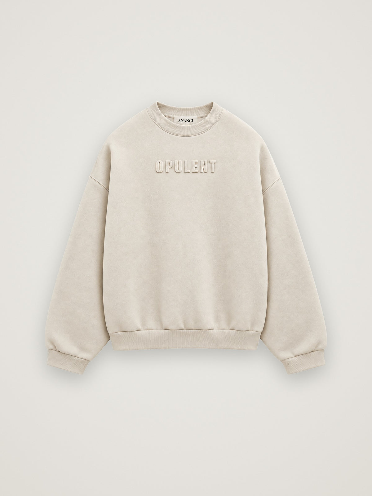 ANANCI Opulent crewneck in cream, flat front view with tonal raised OPULENT lettering on the chest