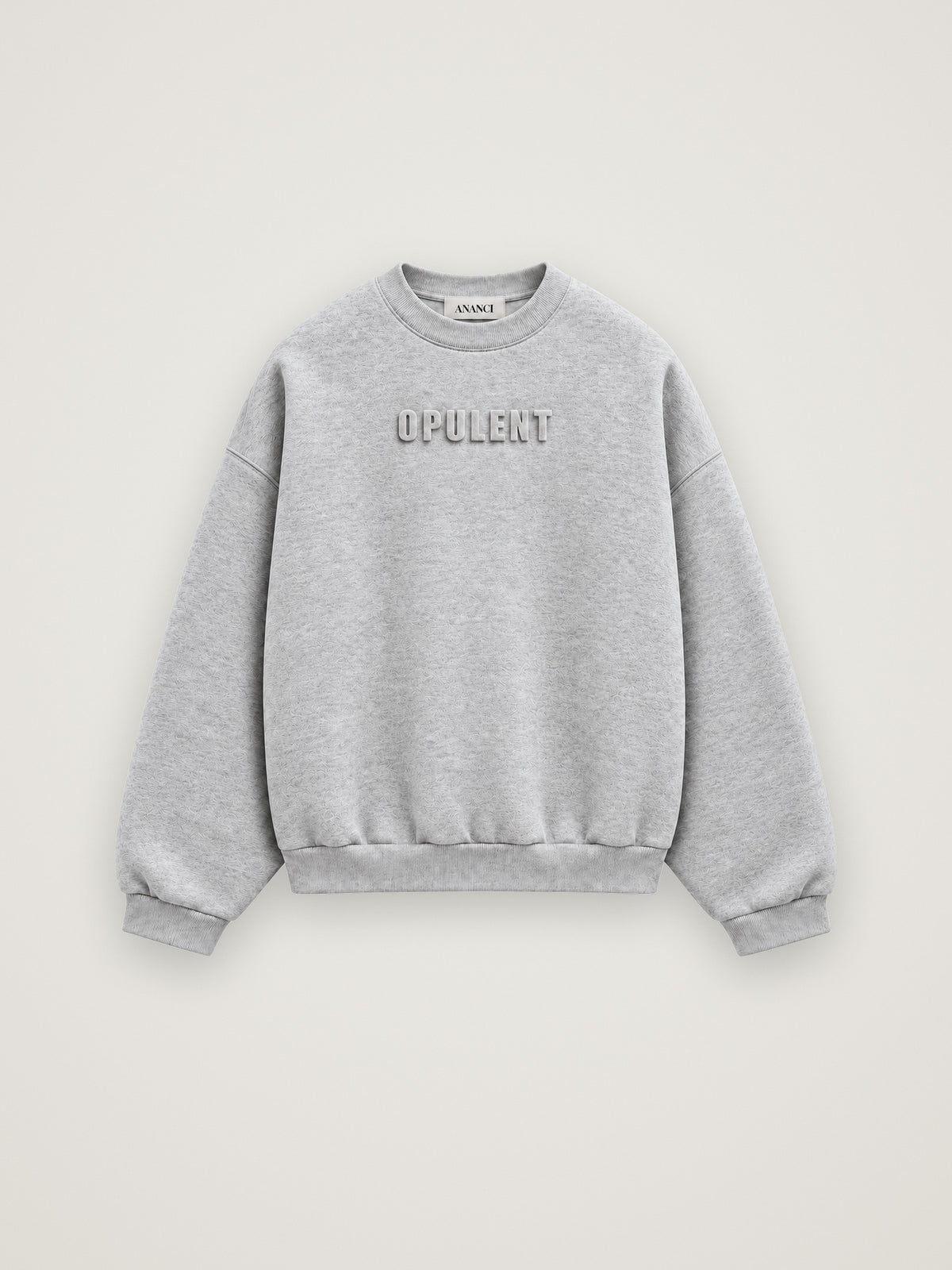 ANANCI Opulent crewneck in heather grey, flat front view with tonal raised OPULENT lettering on the chest