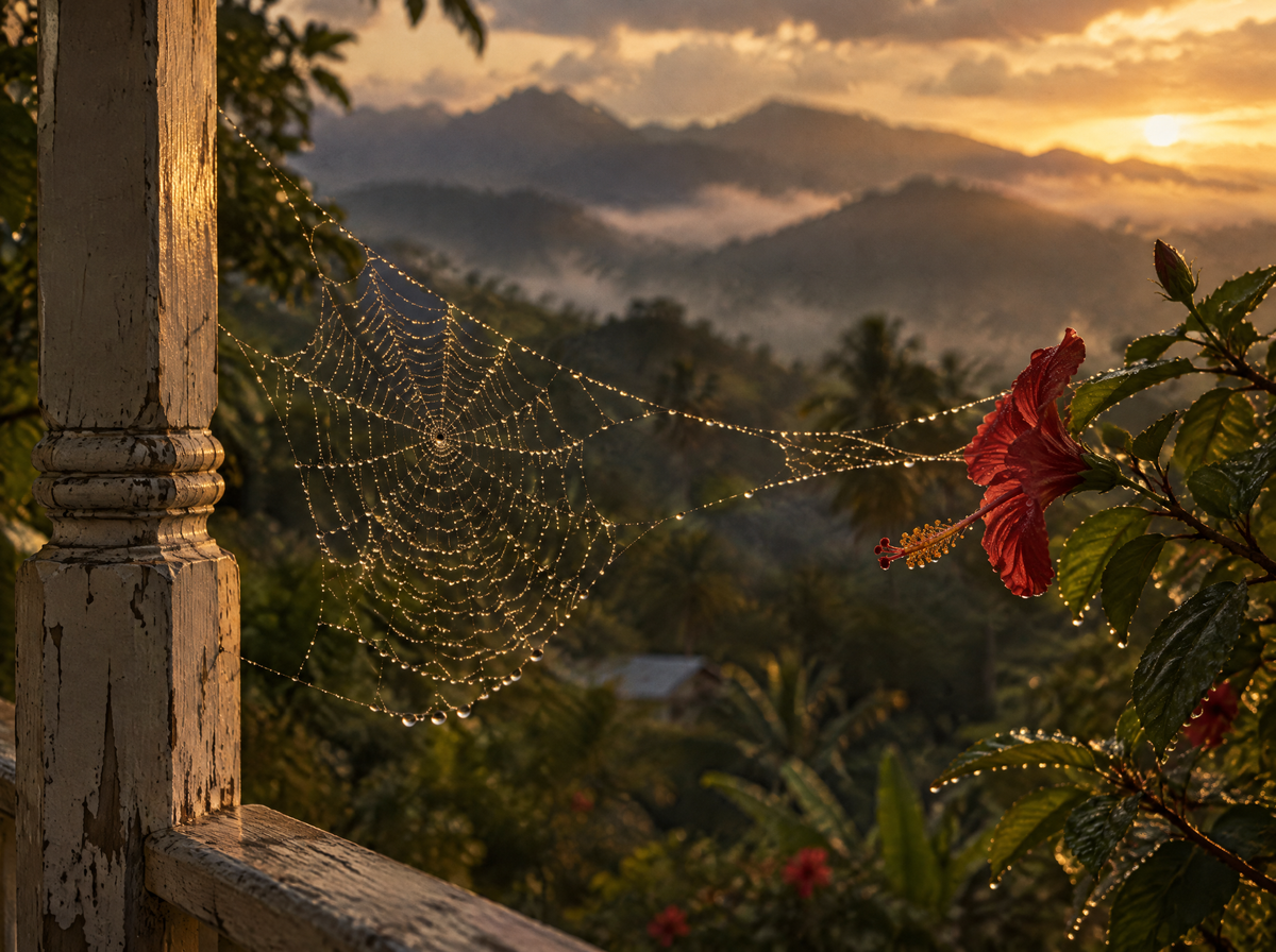 A dewy spider web on an old Jamaican veranda post beside a red hibiscus, Blue Mountains at dusk
