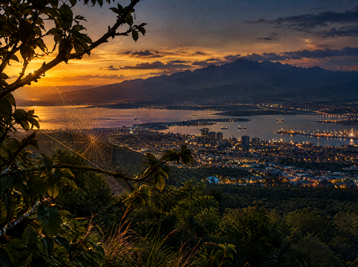Dusk view from the hills over Kingston and its harbour, with the Blue Mountains behind and a spider web in the foreground