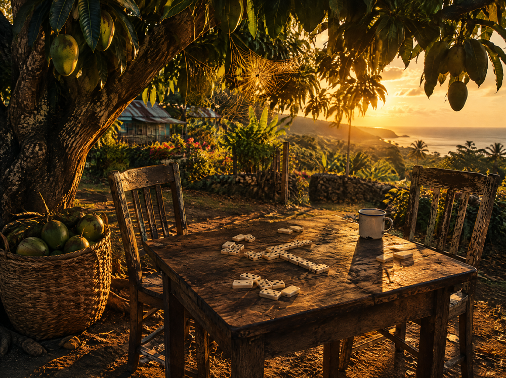 A domino table under a mango tree in a Jamaican yard at golden hour, with a basket of coconuts and a spider web in the branches
