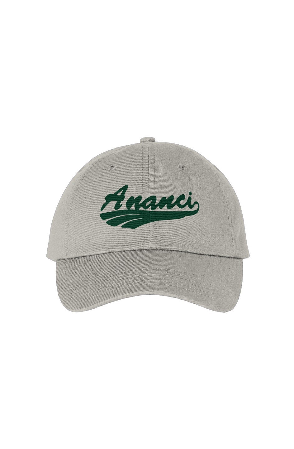 Stone ANANCI script dad hat with the wordmark embroidered in forest green