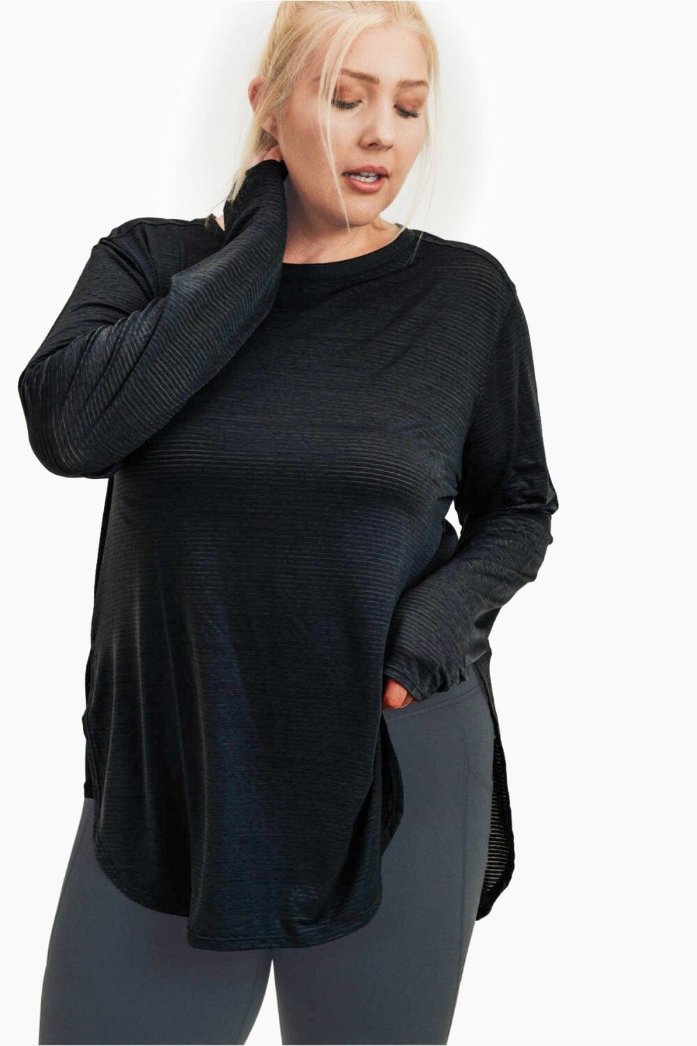 Ribbed Mesh Long Sleeve Flow Top with Side Slits