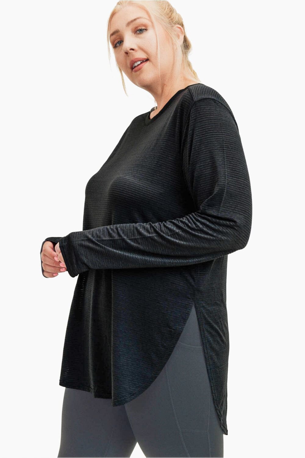 Ribbed Mesh Long Sleeve Flow Top with Side Slits