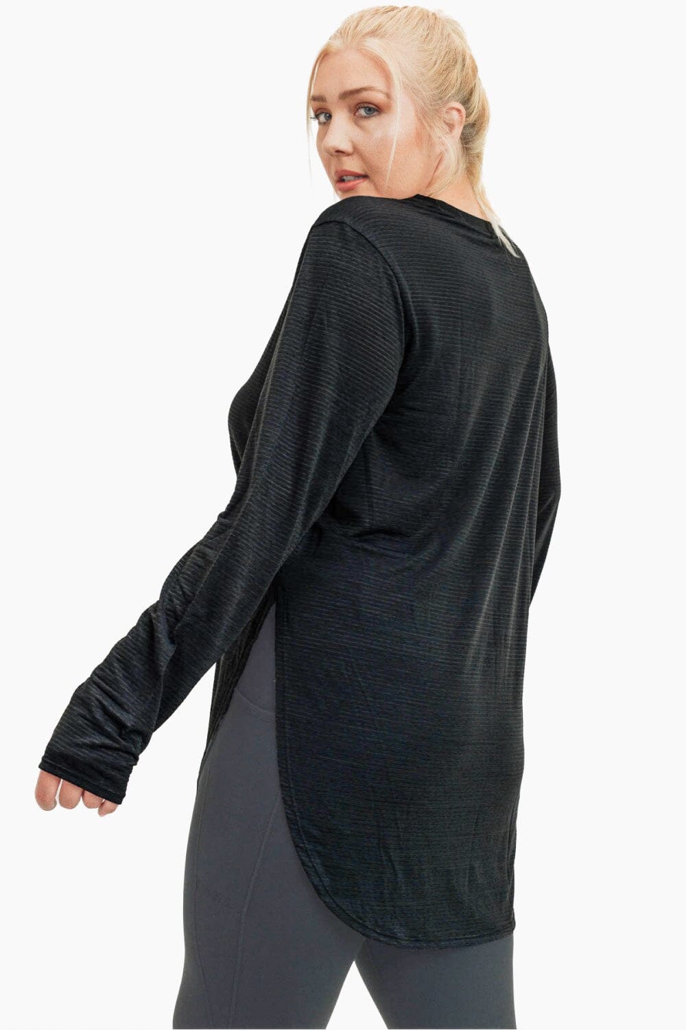 Ribbed Mesh Long Sleeve Flow Top with Side Slits