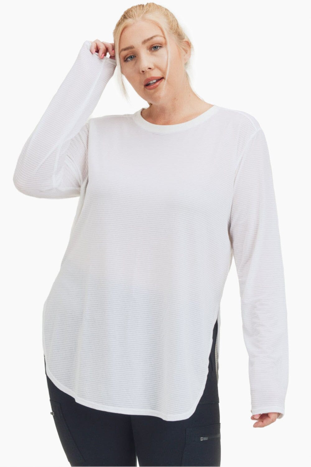 Ribbed Mesh Long Sleeve Flow Top with Side Slits