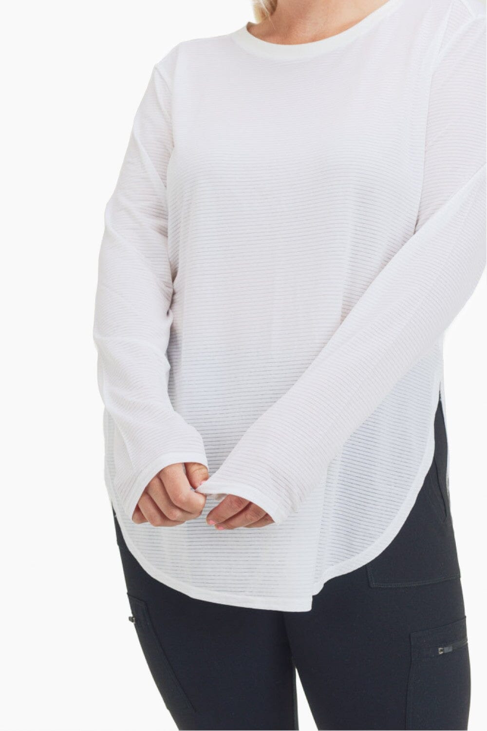 Ribbed Mesh Long Sleeve Flow Top with Side Slits