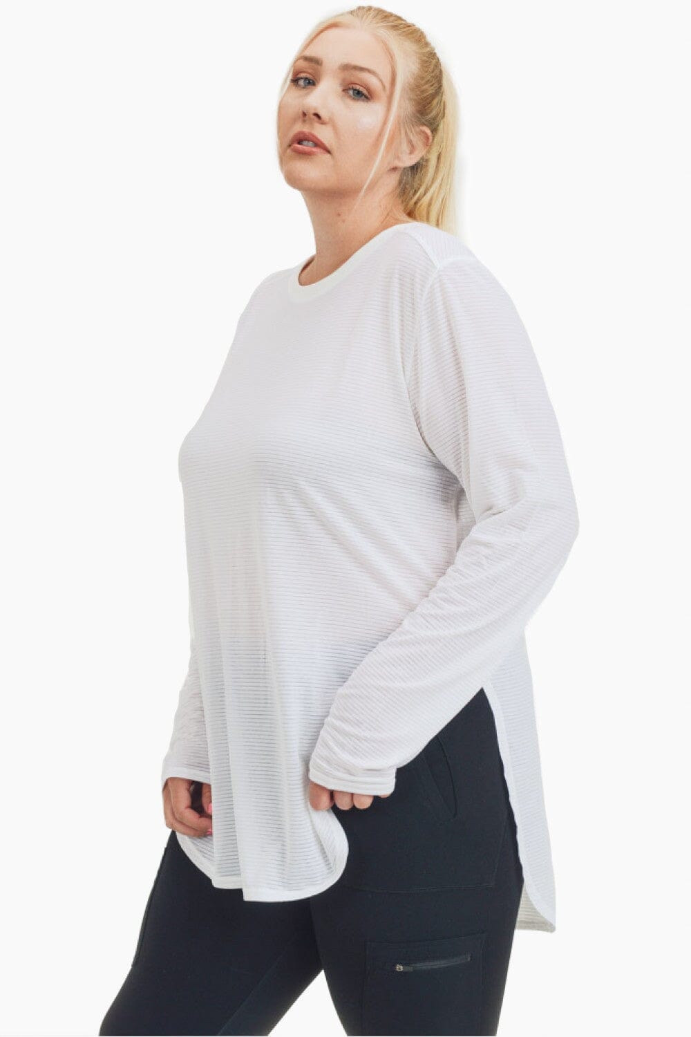 Ribbed Mesh Long Sleeve Flow Top with Side Slits