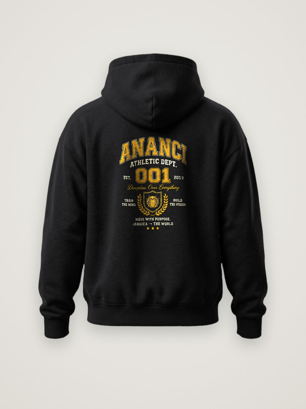 Back of the black ANANCI Athletics 001 Hoodie with the gold collegiate ANANCI Athletic Dept. 001 graphic with laurel spider crest and EST. 2019