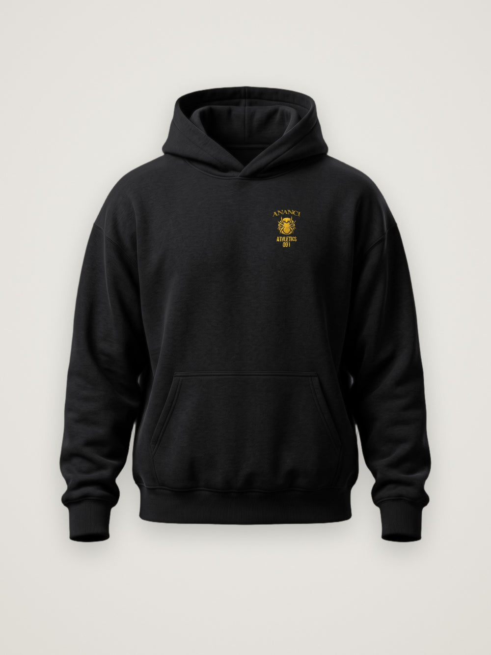 Front of the black ANANCI Athletics 001 Hoodie with the gold ANANCI Athletics 001 crest at the left chest