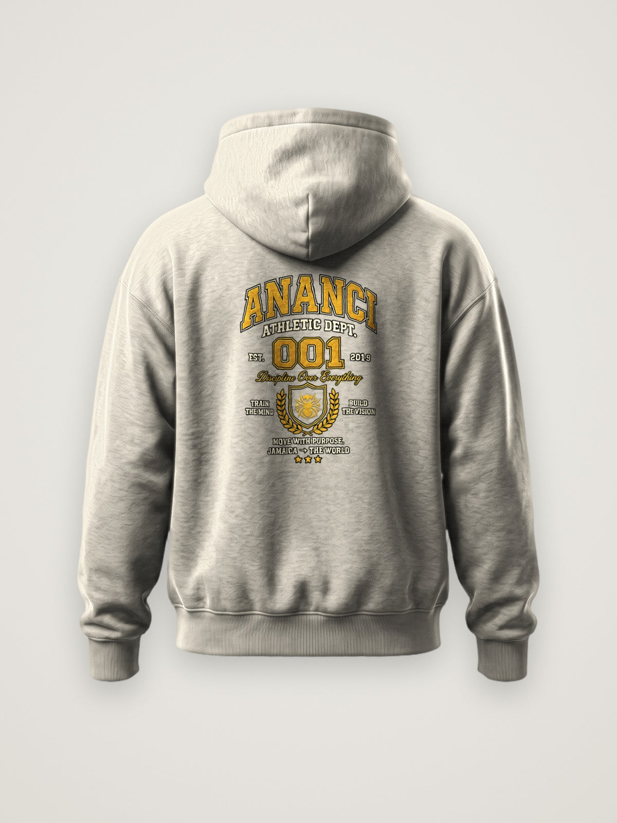 Back of the cream ANANCI Athletics 001 Hoodie with the gold collegiate ANANCI Athletic Dept. 001 graphic with laurel spider crest and EST. 2019