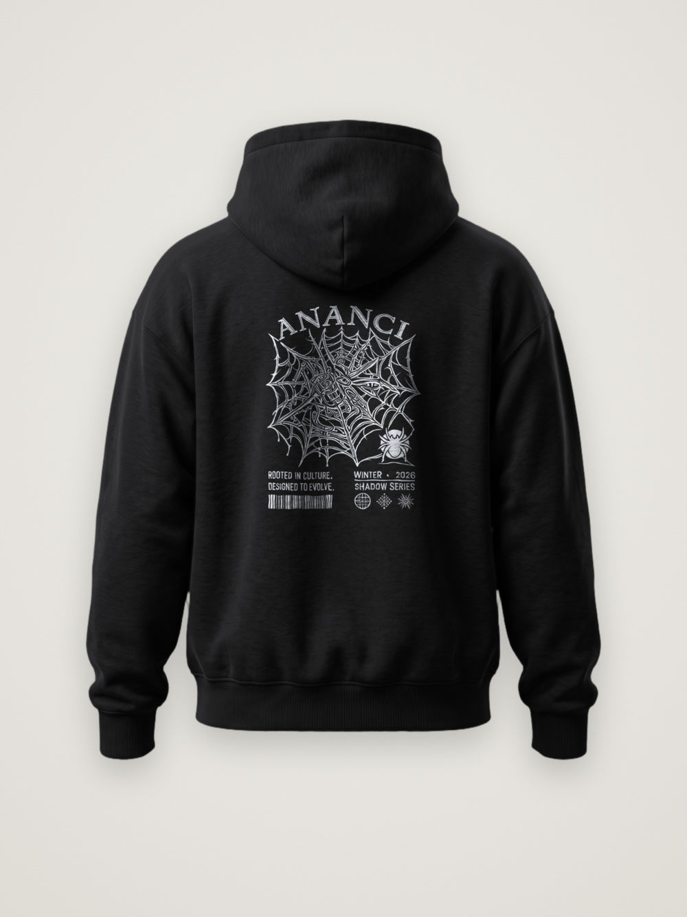 Back of the black ANANCI Shadow Series Hoodie with the intricate spider web graphic in silver-tone ink under an arched ANANCI wordmark, Shadow Series