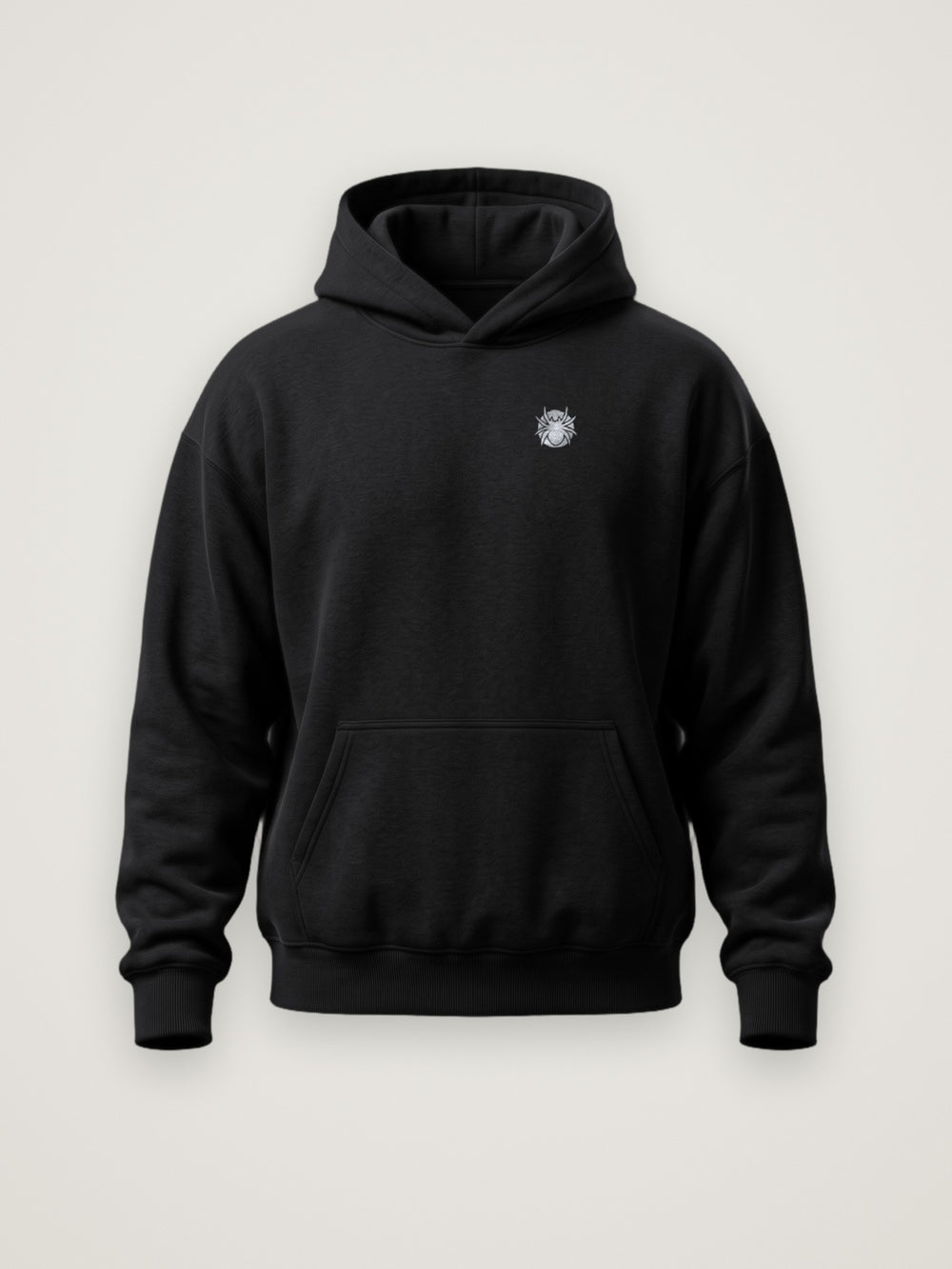 Front of the black ANANCI Shadow Series Hoodie with the small silver-tone spider logo at the left chest