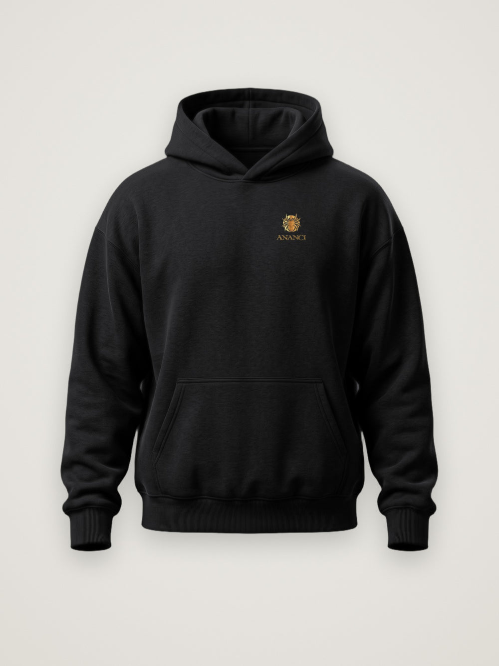 Front of the black ANANCI The Storyteller Hoodie with the gold ANANCI spider crest and wordmark at the left chest