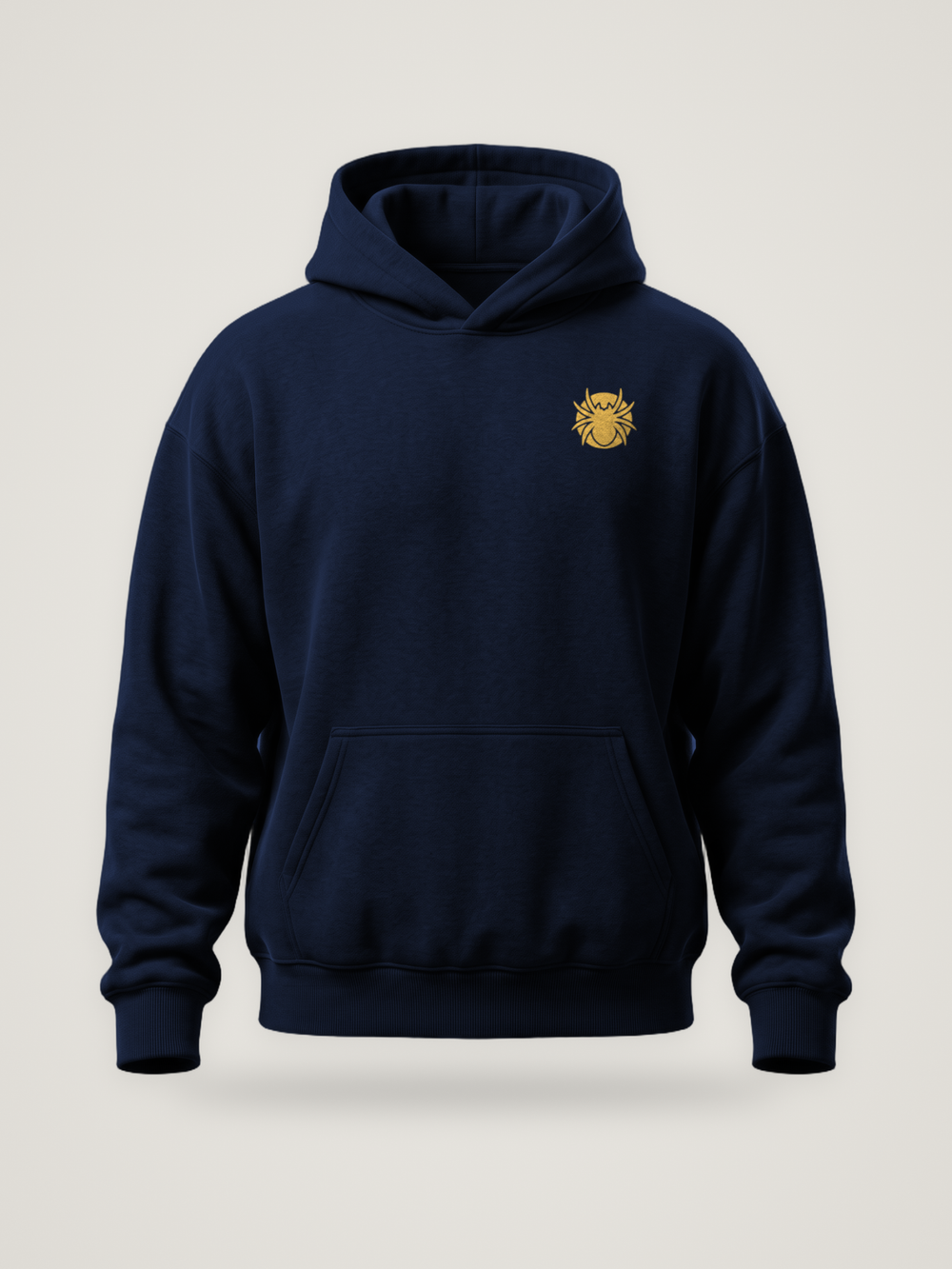Front of the midnight ANANCI Web of Elders 002 hoodie with a small gold spider emblem at the left chest