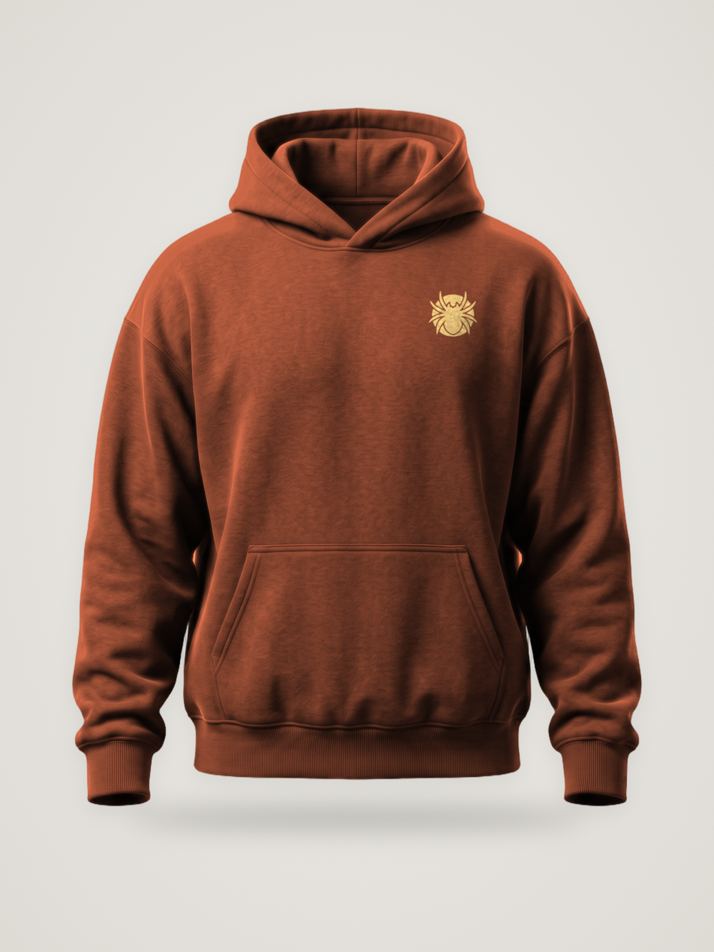 Front of the clay ANANCI Web of Elders 002 hoodie with a small light gold spider emblem at the left chest