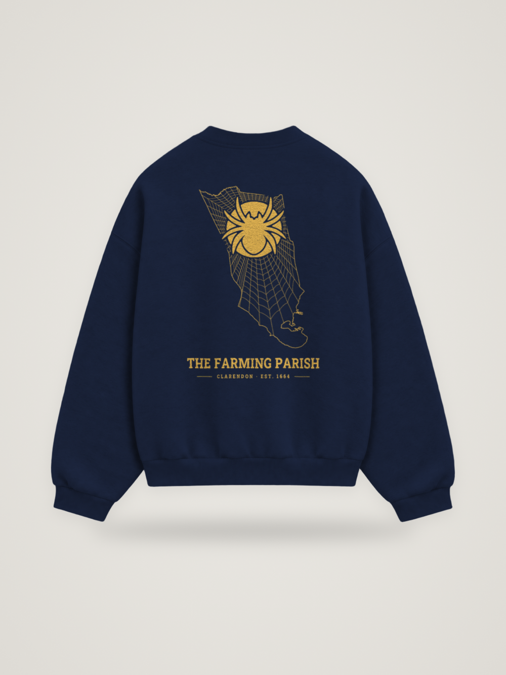 Back of the midnight ANANCI Where Yuh From? Clarendon crewneck with the Clarendon map, web and spider in gold ink, “THE FARMING PARISH” and CLARENDON · EST. 1664