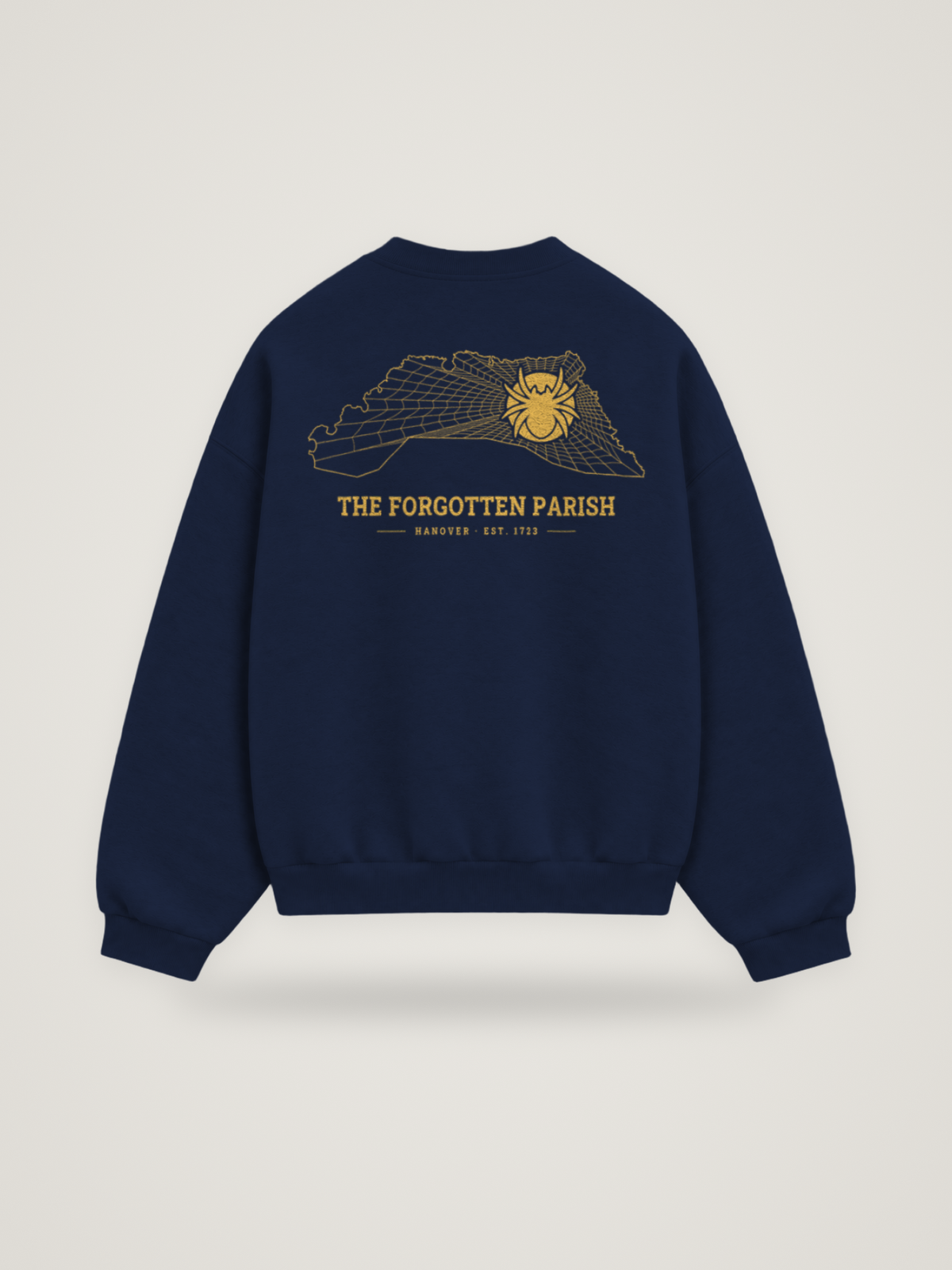 Back of the midnight ANANCI Where Yuh From? Hanover crewneck with the Hanover map, web and spider in gold ink, “THE FORGOTTEN PARISH” and HANOVER · EST. 1723