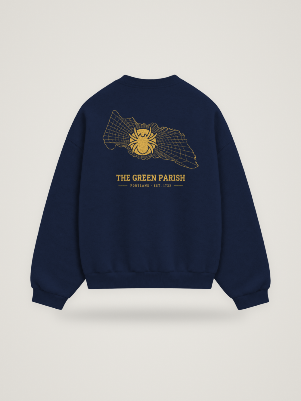 Back of the midnight ANANCI Where Yuh From? Portland crewneck with the Portland map, web and spider in gold ink, “THE GREEN PARISH” and PORTLAND · EST. 1723