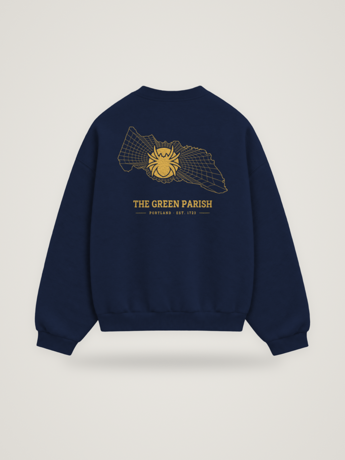 Back of the midnight ANANCI Where Yuh From? Portland crewneck with the Portland map, web and spider in gold ink, “THE GREEN PARISH” and PORTLAND · EST. 1723