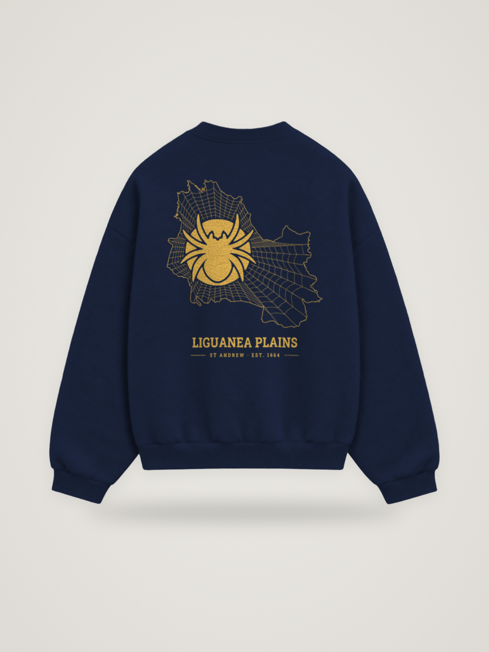 Back of the midnight ANANCI Where Yuh From? St Andrew crewneck with the St Andrew map, web and spider in gold ink, “LIGUANEA PLAINS” and ST ANDREW · EST. 1664