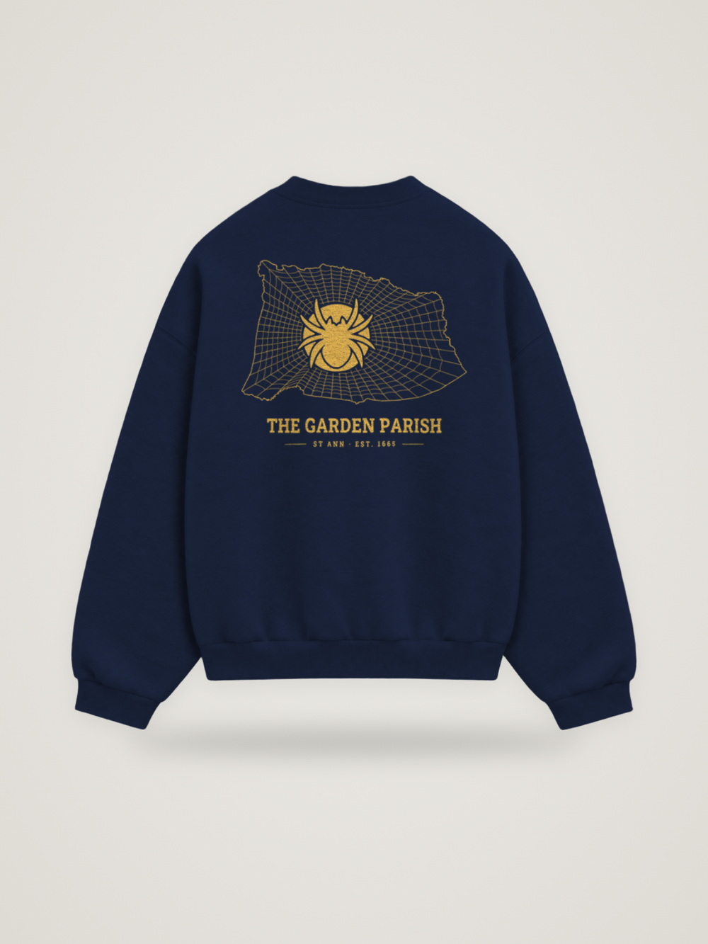 Back of the midnight ANANCI Where Yuh From? St Ann crewneck with the St Ann map, web and spider in gold ink, “THE GARDEN PARISH” and ST ANN · EST. 1665