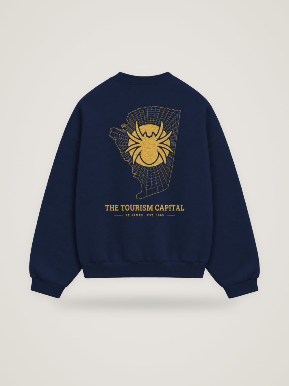 Back of the midnight ANANCI Where Yuh From? St James crewneck with the St James map, web and spider in gold ink, “THE TOURISM CAPITAL” and ST JAMES · EST. 1665