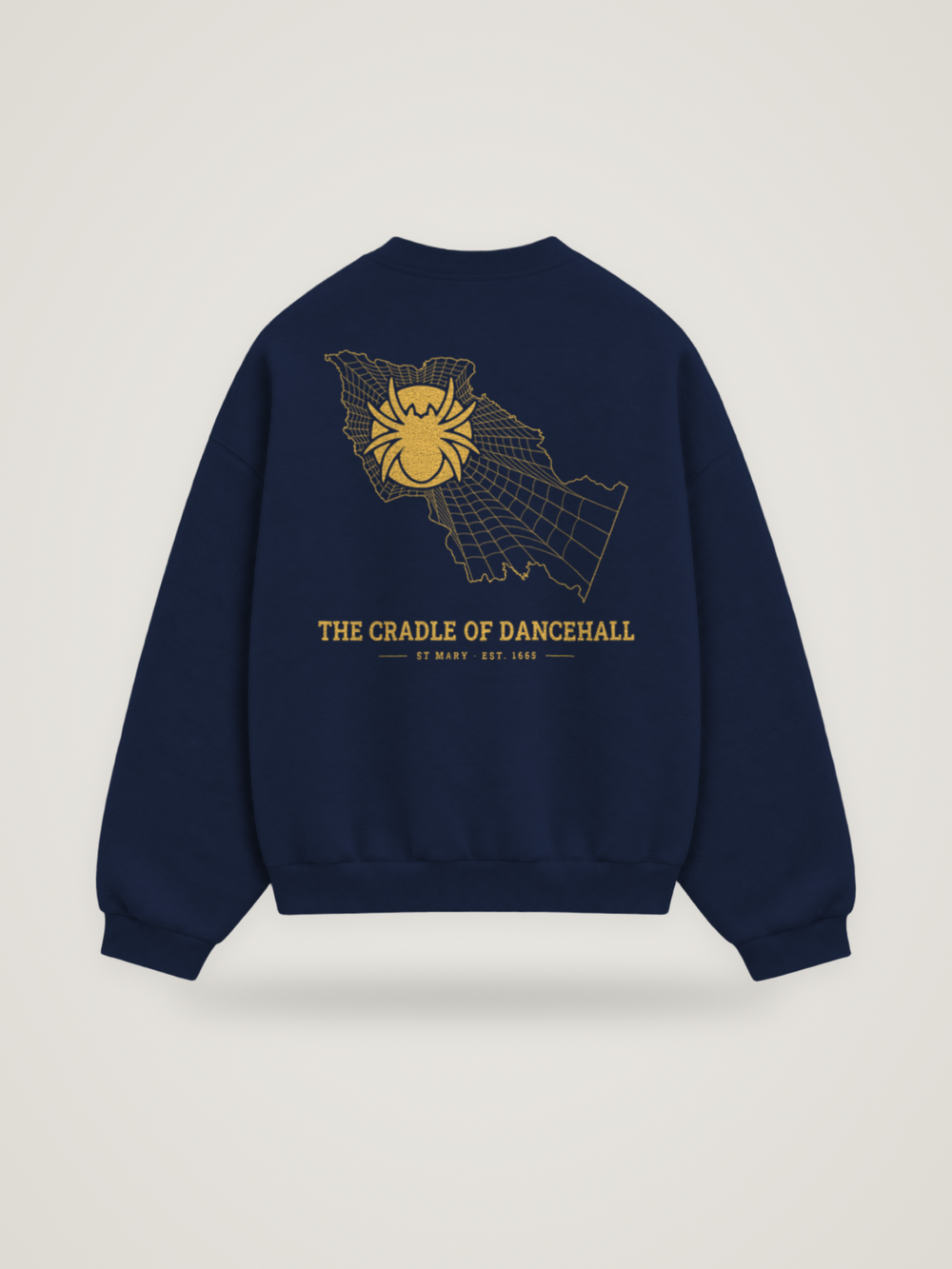 Back of the midnight ANANCI Where Yuh From? St Mary crewneck with the St Mary map, web and spider in gold ink, “THE CRADLE OF DANCEHALL” and ST MARY · EST. 1665
