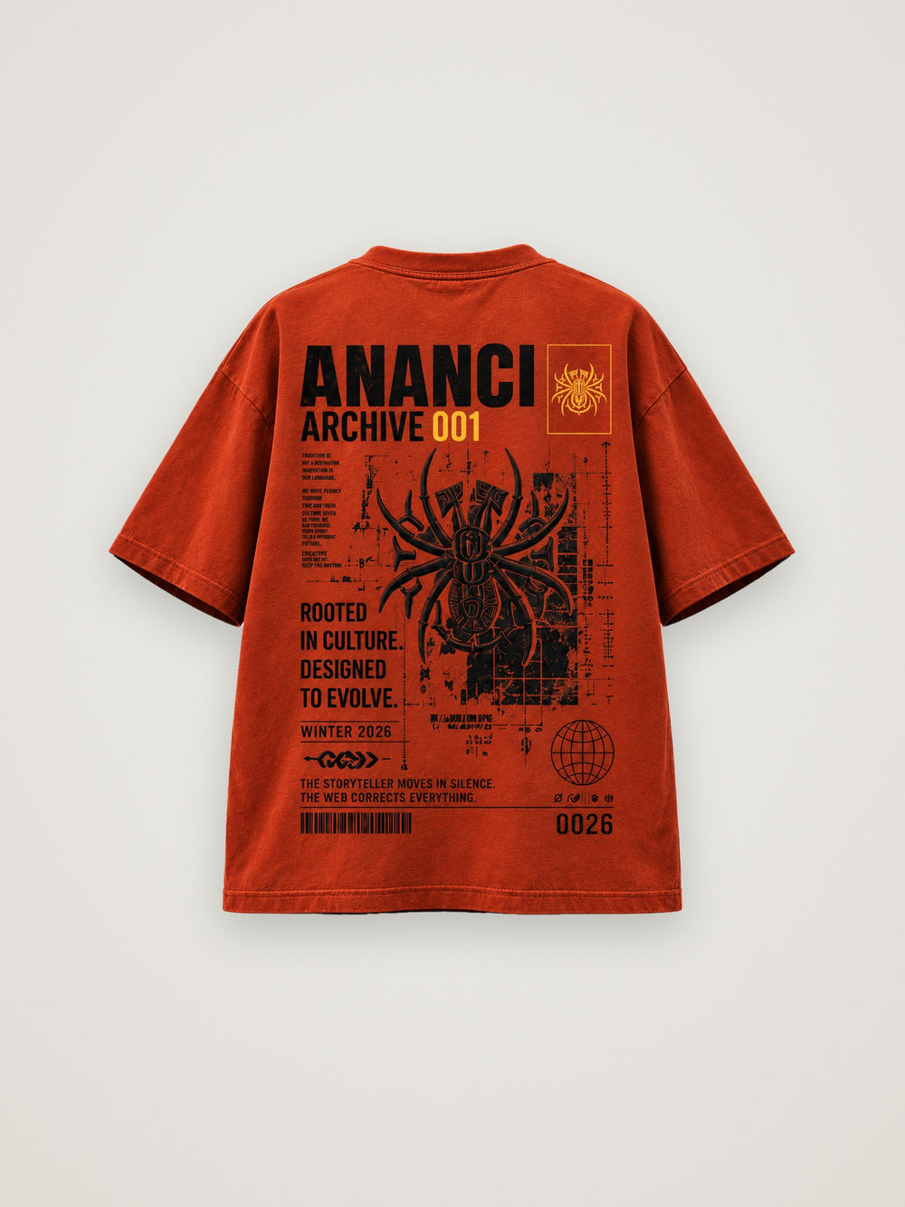 Back of the rust ANANCI "Archive 001" tee with the bold black spider and archive-style type