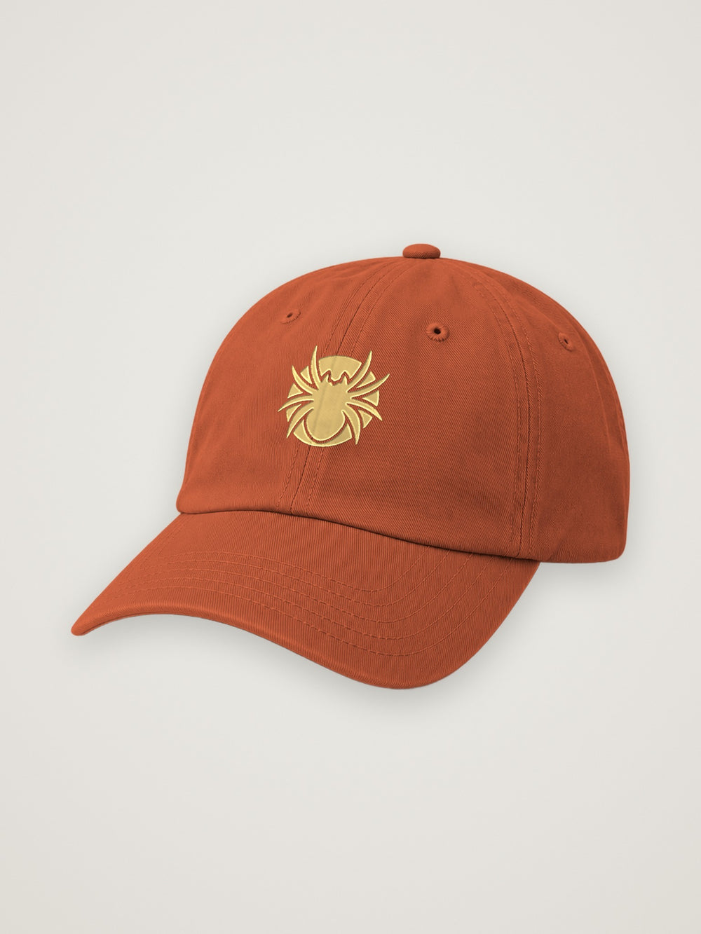 Clay ANANCI dad hat with the Ananci spider embroidered in light gold, on a warm stone background