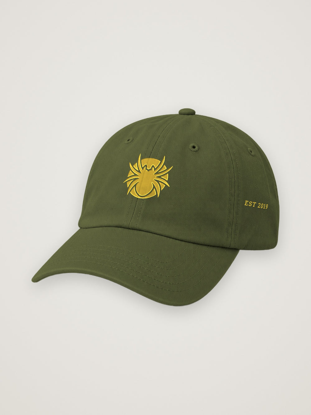 Olive ANANCI dad hat with the gold Ananci spider at the front and EST 2019 embroidered on the side, on a warm stone background