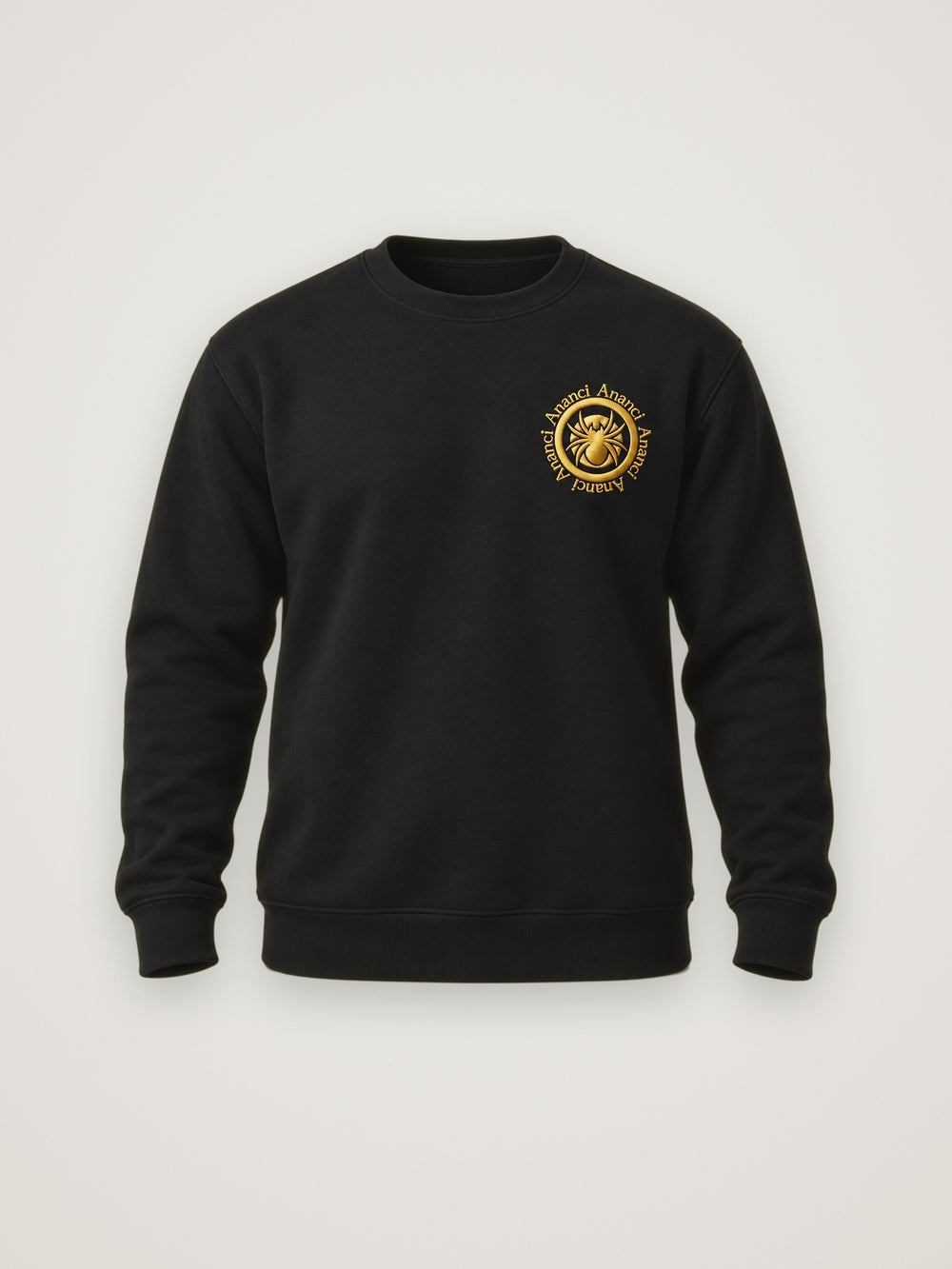 ANANCI Gold Seal crewneck in black, front view with the gold spider seal at the chest