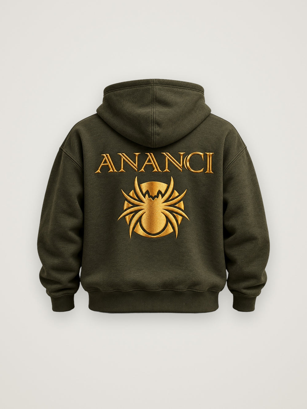 Back of the ANANCI olive zip hoodie with the gold wordmark and spider