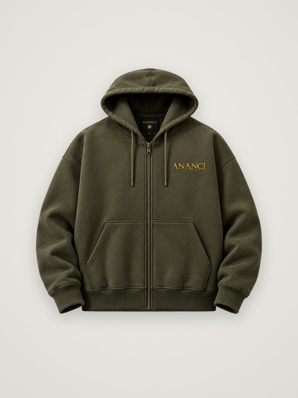 ANANCI olive full-zip hoodie, front view with the gold ANANCI wordmark at the chest