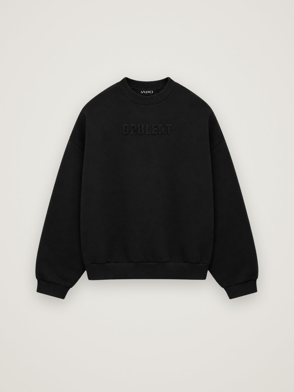 ANANCI Opulent crewneck in black, flat front view with tonal raised OPULENT lettering on the chest