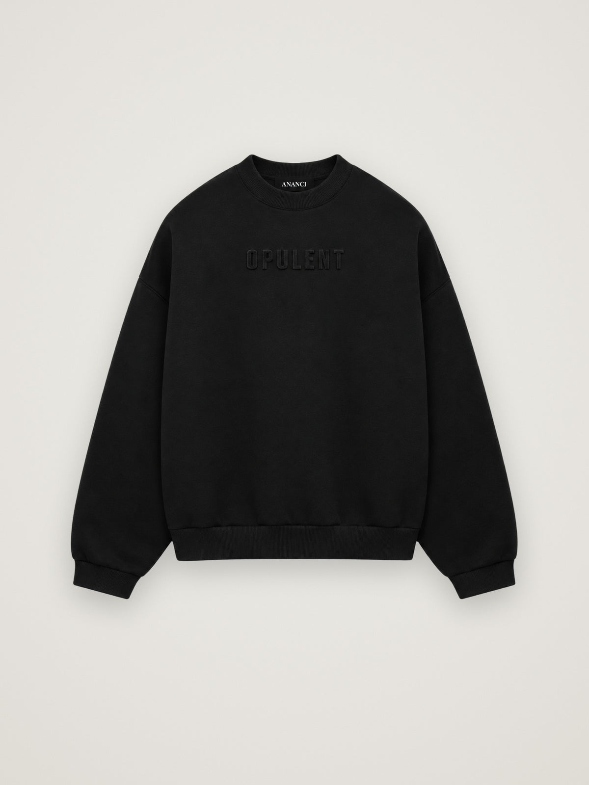 ANANCI Opulent crewneck in black, flat front view with tonal raised OPULENT lettering on the chest