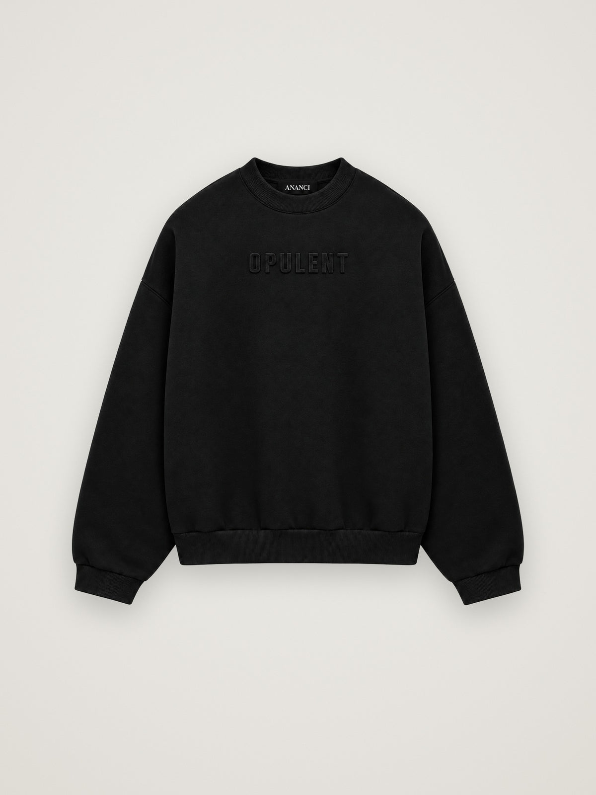 Alternate flat front view of the black ANANCI Opulent crewneck with ribbed collar, cuffs and hem