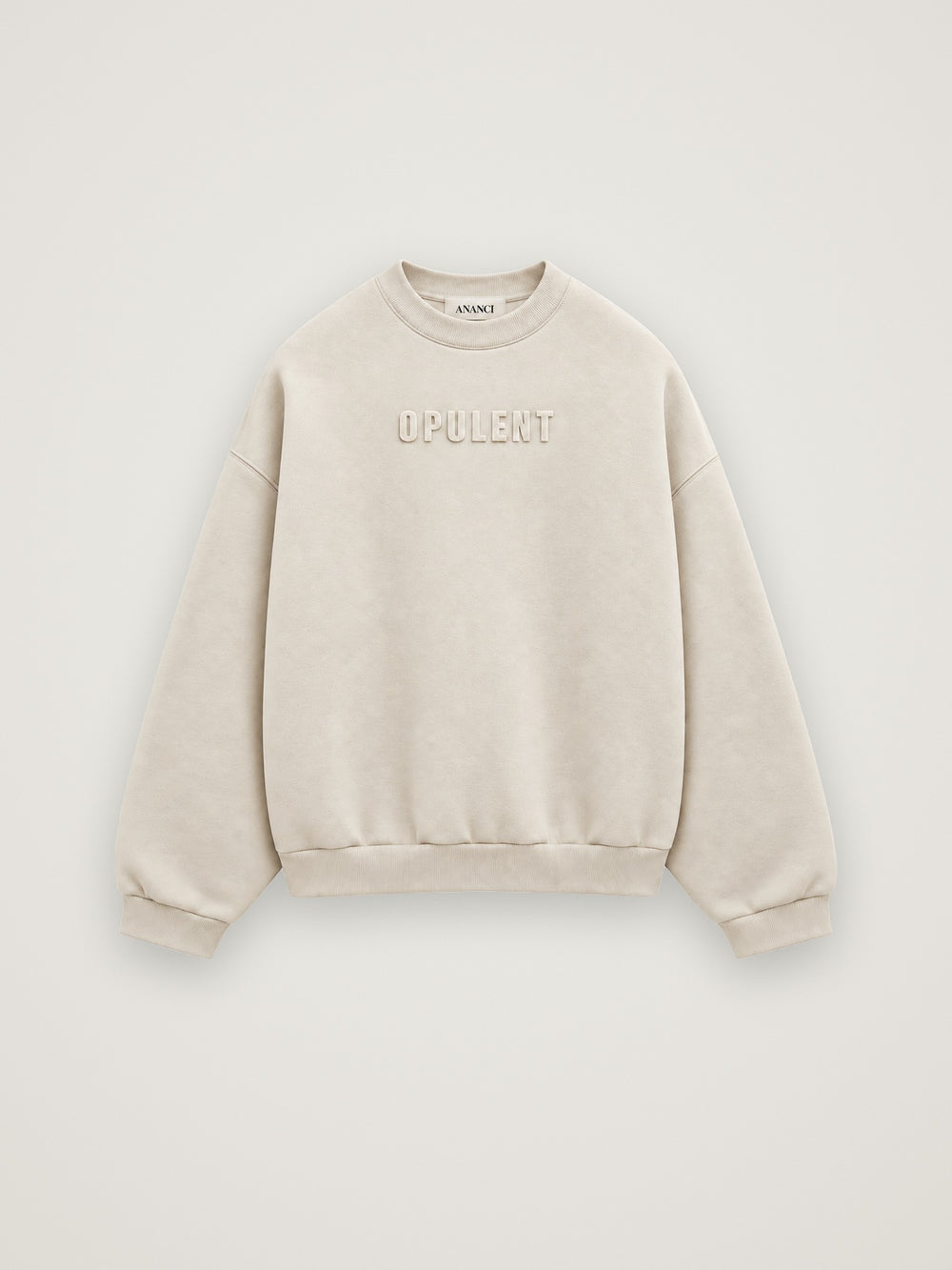 ANANCI Opulent crewneck in cream, flat front view with tonal raised OPULENT lettering on the chest
