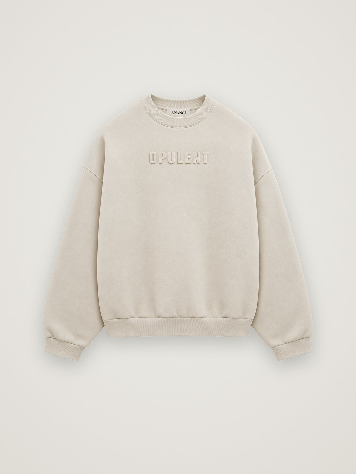 Alternate flat front view of the cream ANANCI Opulent crewneck with ribbed collar, cuffs and hem